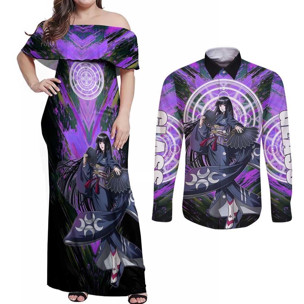 Glass The Rising of the Shield Hero Couples Matching Off Shoulder Maxi Dress and Long Sleeve Button Shirt with Elegant Battle Kimono and Spirit Energy Circle Design - The Mazicc