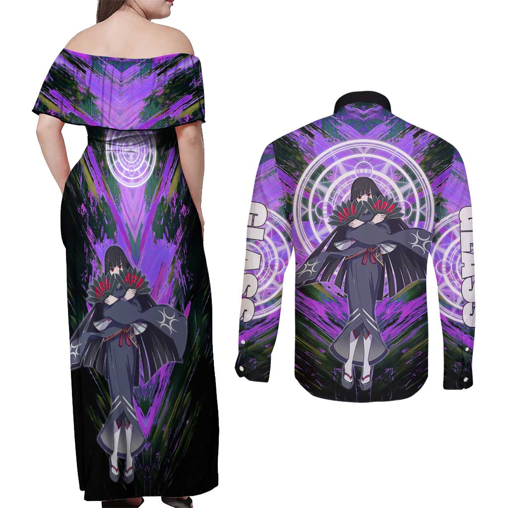 Glass The Rising of the Shield Hero Couples Matching Off Shoulder Maxi Dress and Long Sleeve Button Shirt with Elegant Battle Kimono and Spirit Energy Circle Design - The Mazicc