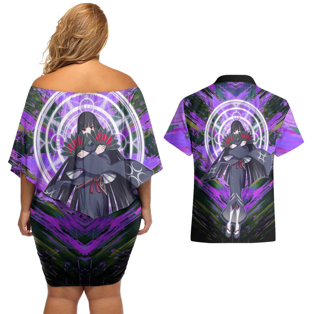 Glass The Rising of the Shield Hero Couples Matching Off Shoulder Short Dress and Hawaiian Shirt with Elegant Battle Kimono and Spirit Energy Circle Design - The Mazicc
