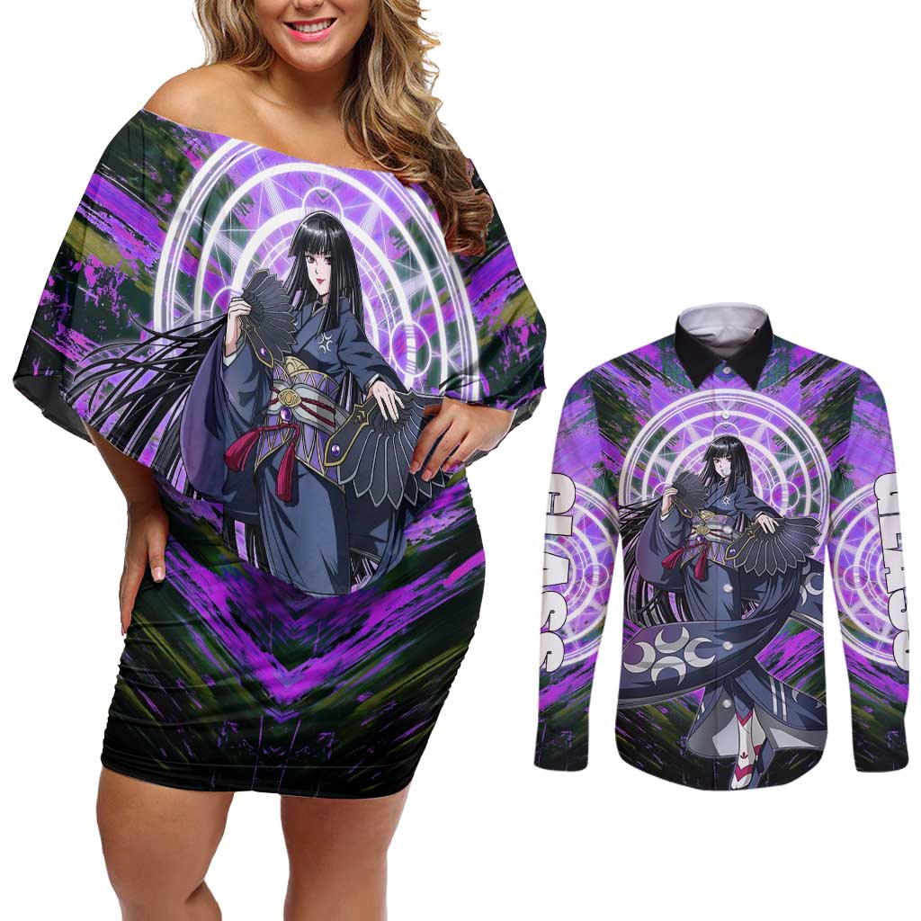 Glass The Rising of the Shield Hero Couples Matching Off Shoulder Short Dress and Long Sleeve Button Shirt with Elegant Battle Kimono and Spirit Energy Circle Design - The Mazicc