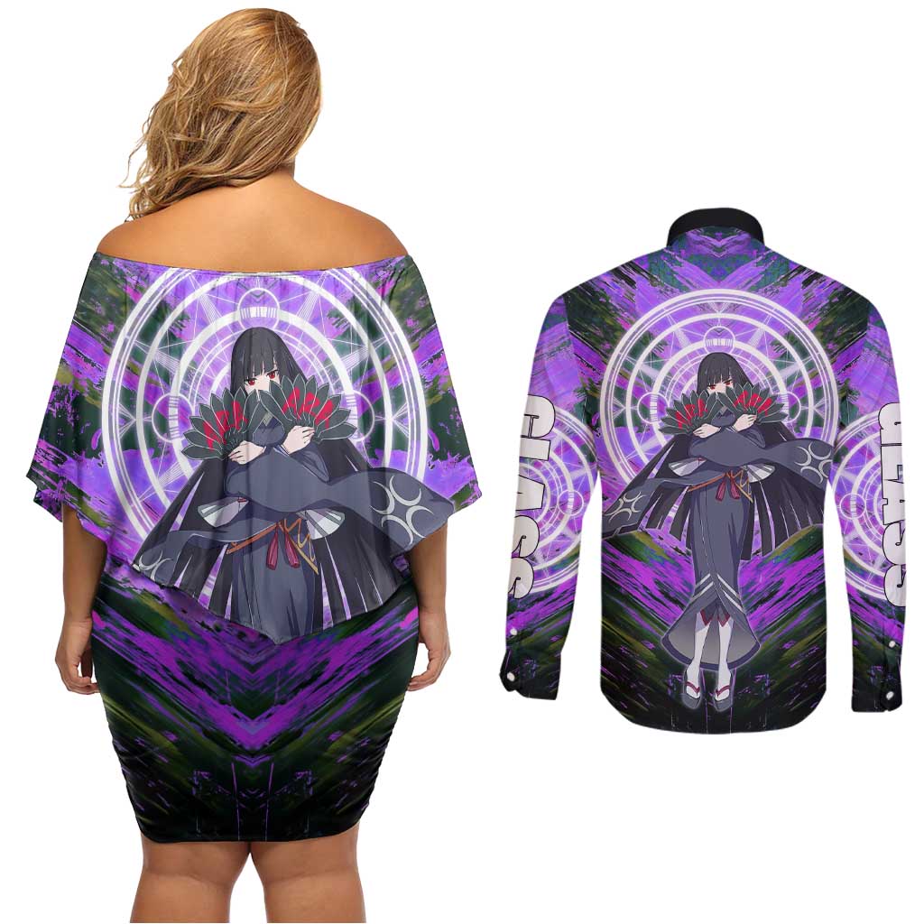 Glass The Rising of the Shield Hero Couples Matching Off Shoulder Short Dress and Long Sleeve Button Shirt with Elegant Battle Kimono and Spirit Energy Circle Design - The Mazicc