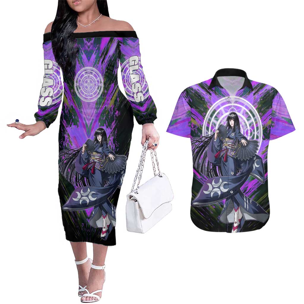 Glass The Rising of the Shield Hero Couples Matching Off The Shoulder Long Sleeve Dress and Hawaiian Shirt with Elegant Battle Kimono and Spirit Energy Circle Design - The Mazicc