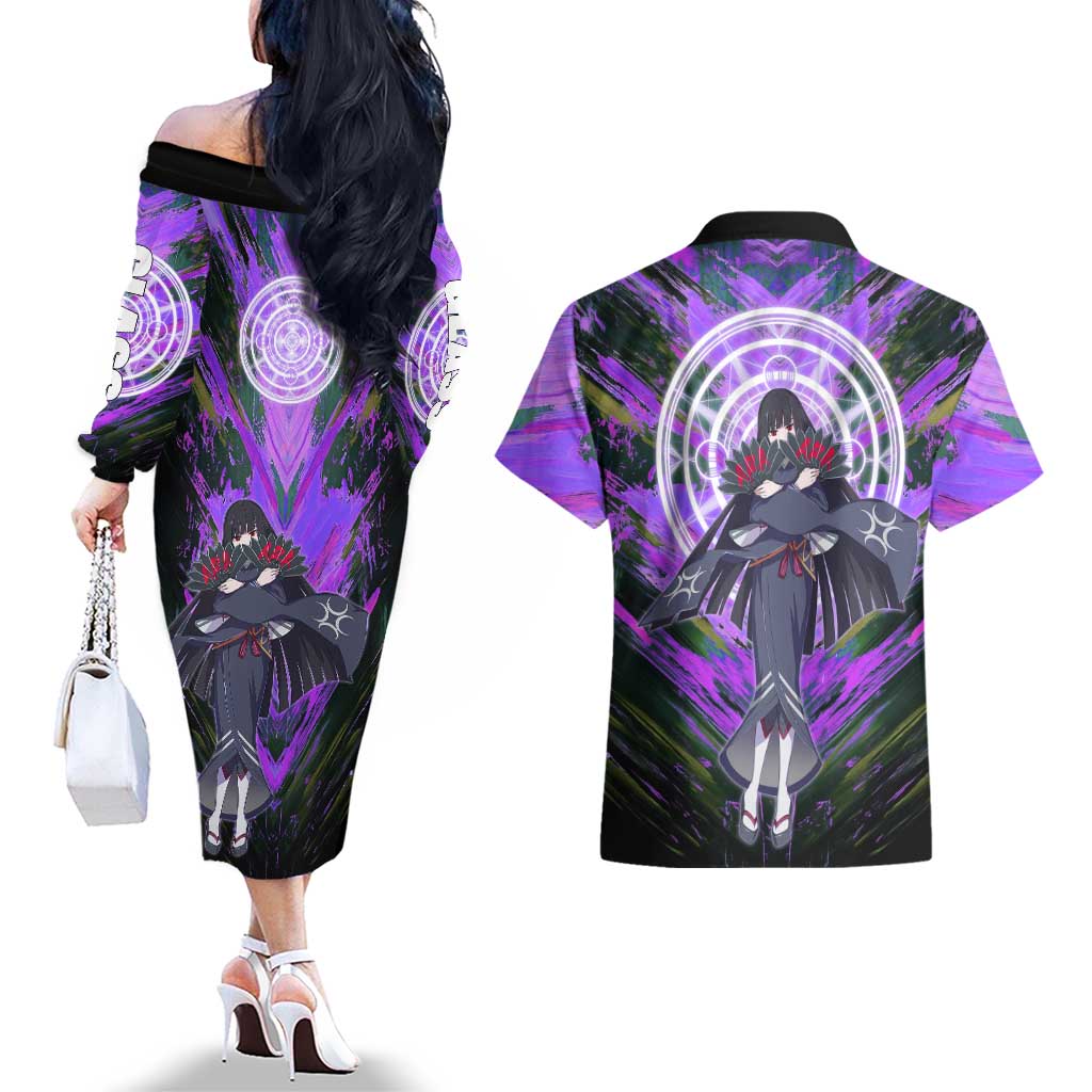 Glass The Rising of the Shield Hero Couples Matching Off The Shoulder Long Sleeve Dress and Hawaiian Shirt with Elegant Battle Kimono and Spirit Energy Circle Design - The Mazicc