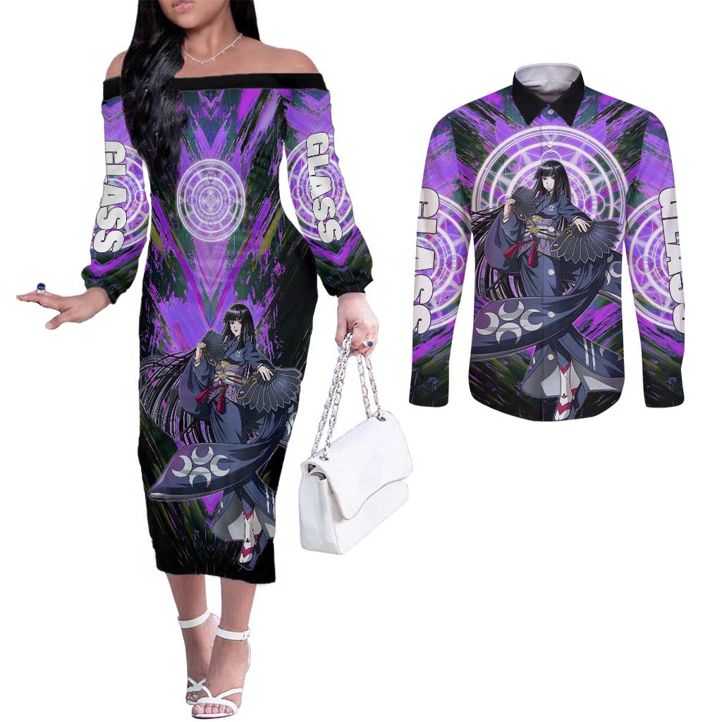 Glass The Rising of the Shield Hero Couples Matching Off The Shoulder Long Sleeve Dress and Long Sleeve Button Shirt with Elegant Battle Kimono and Spirit Energy Circle Design - The Mazicc