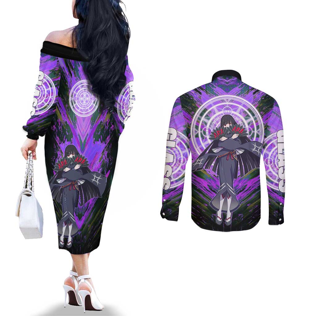 Glass The Rising of the Shield Hero Couples Matching Off The Shoulder Long Sleeve Dress and Long Sleeve Button Shirt with Elegant Battle Kimono and Spirit Energy Circle Design - The Mazicc
