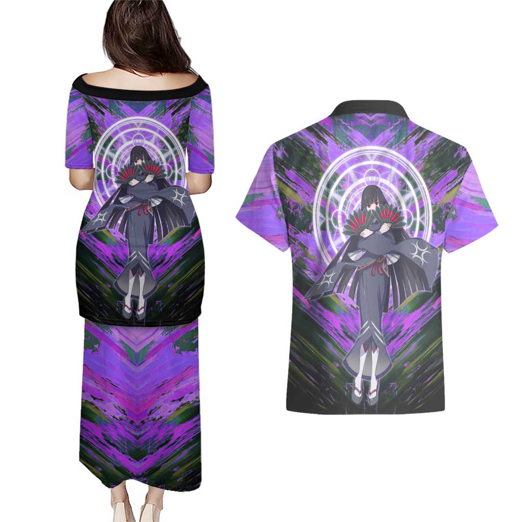 Glass The Rising of the Shield Hero Couples Matching Puletasi and Hawaiian Shirt with Elegant Battle Kimono and Spirit Energy Circle Design - The Mazicc