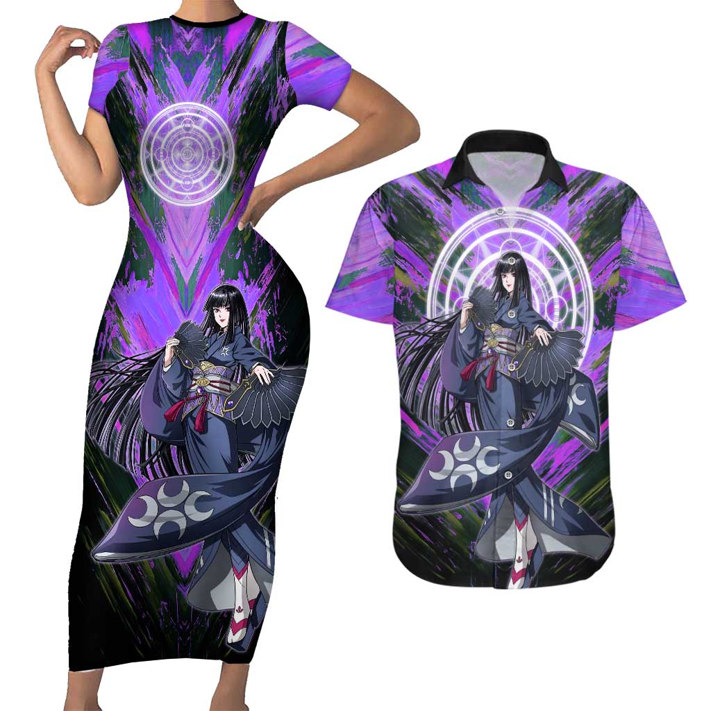 Glass The Rising of the Shield Hero Couples Matching Short Sleeve Bodycon Dress and Hawaiian Shirt with Elegant Battle Kimono and Spirit Energy Circle Design - The Mazicc