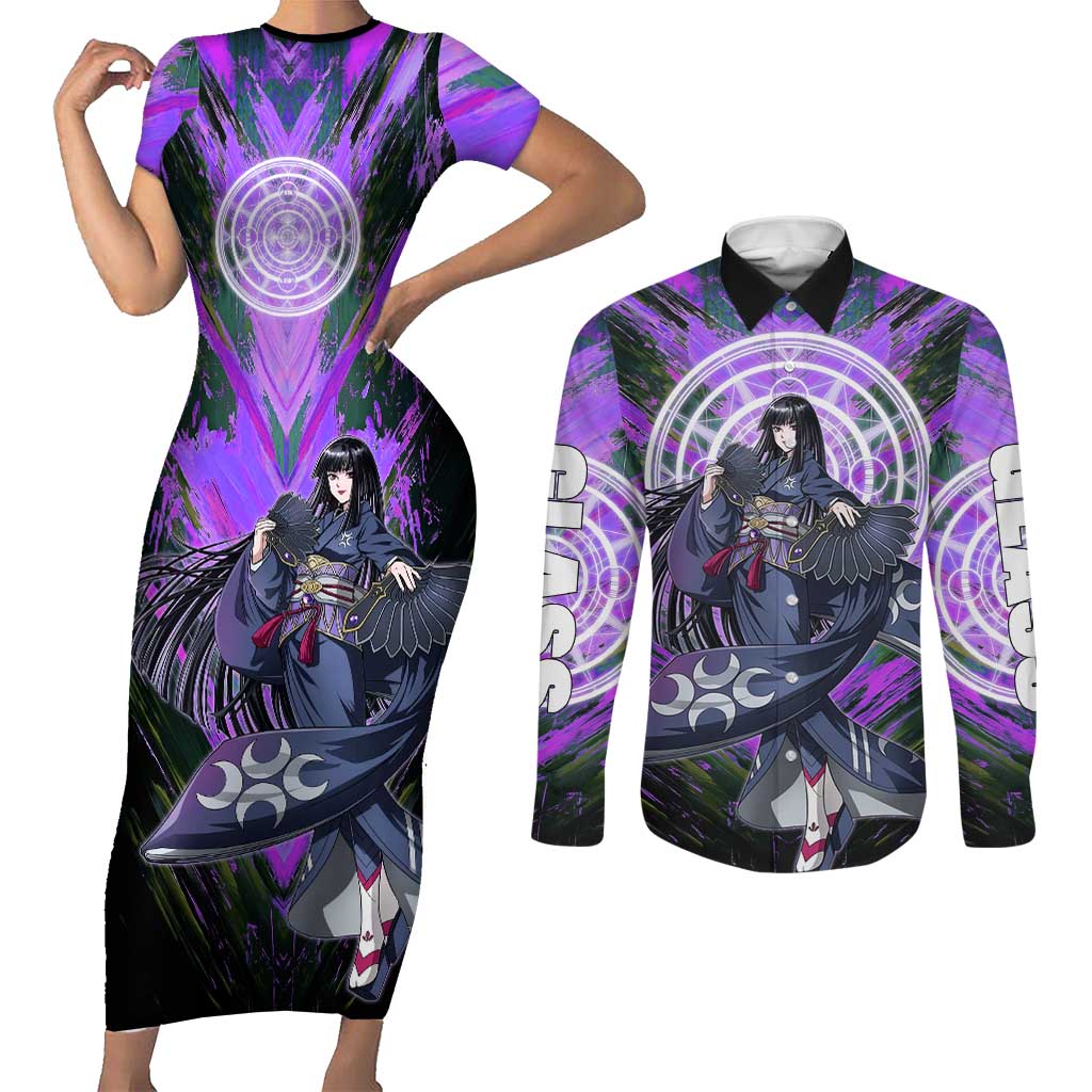 Glass The Rising of the Shield Hero Couples Matching Short Sleeve Bodycon Dress and Long Sleeve Button Shirt with Elegant Battle Kimono and Spirit Energy Circle Design - The Mazicc