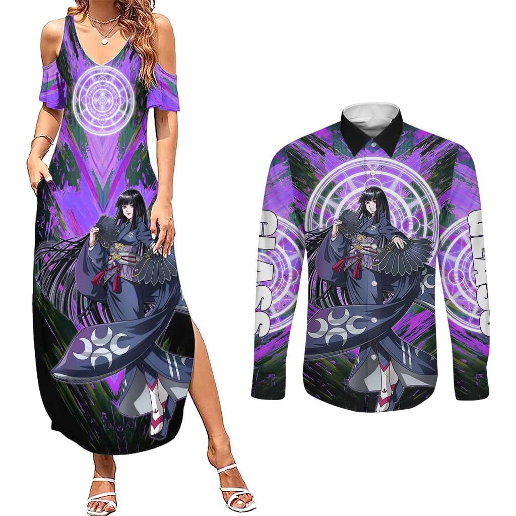 Glass The Rising of the Shield Hero Couples Matching Summer Maxi Dress and Long Sleeve Button Shirt with Elegant Battle Kimono and Spirit Energy Circle Design - The Mazicc