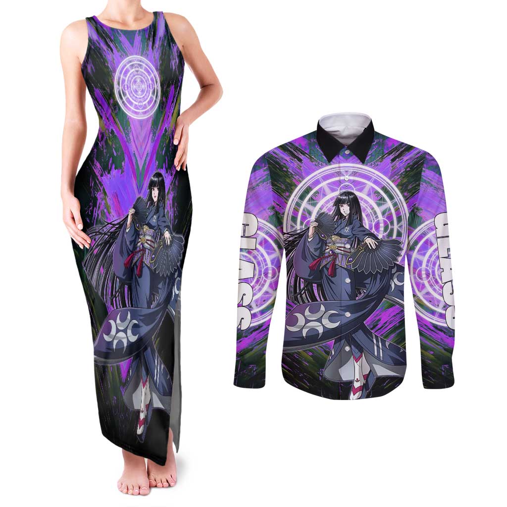 Glass The Rising of the Shield Hero Couples Matching Tank Maxi Dress and Long Sleeve Button Shirt with Elegant Battle Kimono and Spirit Energy Circle Design - The Mazicc