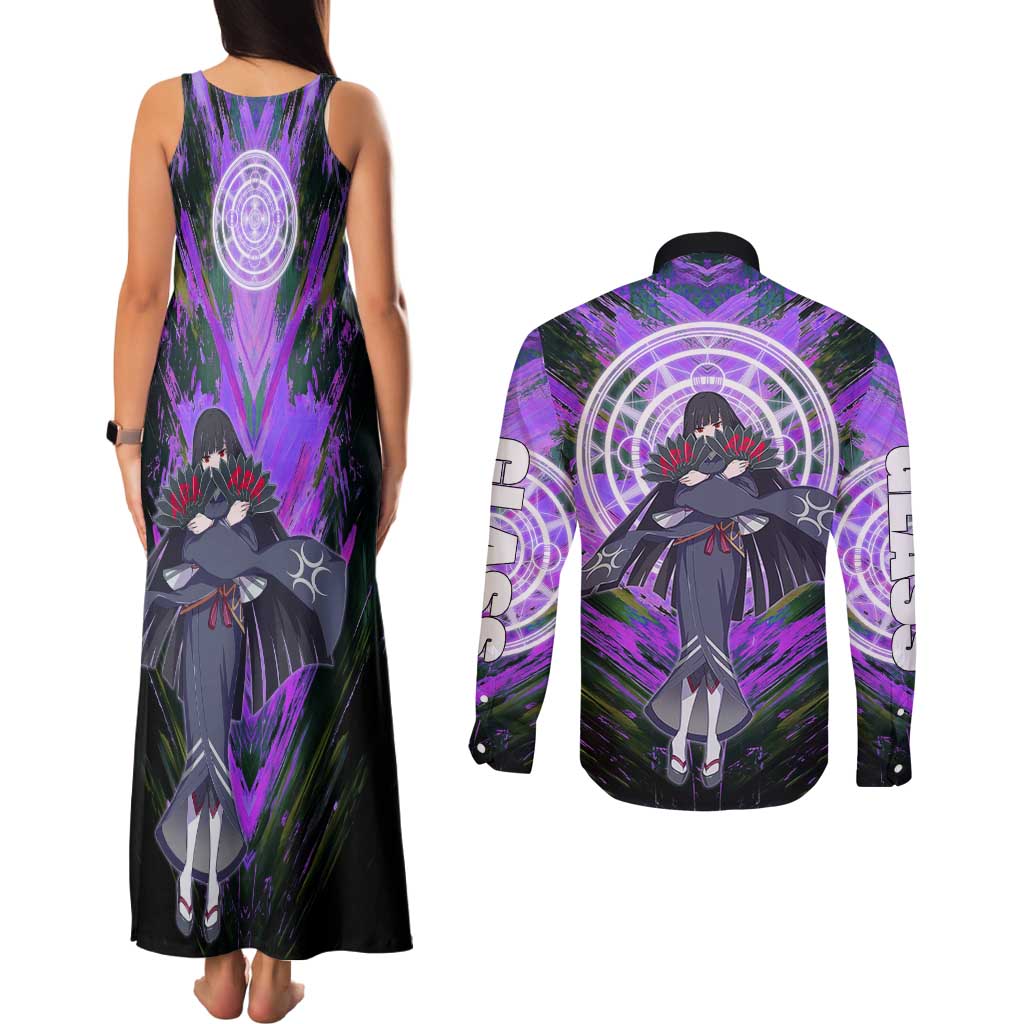 Glass The Rising of the Shield Hero Couples Matching Tank Maxi Dress and Long Sleeve Button Shirt with Elegant Battle Kimono and Spirit Energy Circle Design - The Mazicc