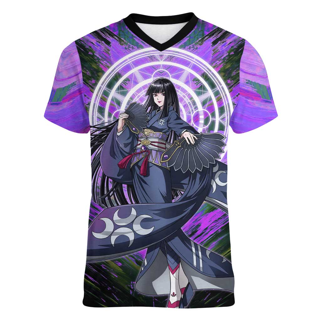 Glass The Rising of the Shield Hero Women V-Neck T-Shirt with Elegant Battle Kimono and Spirit Energy Circle Design - The Mazicc