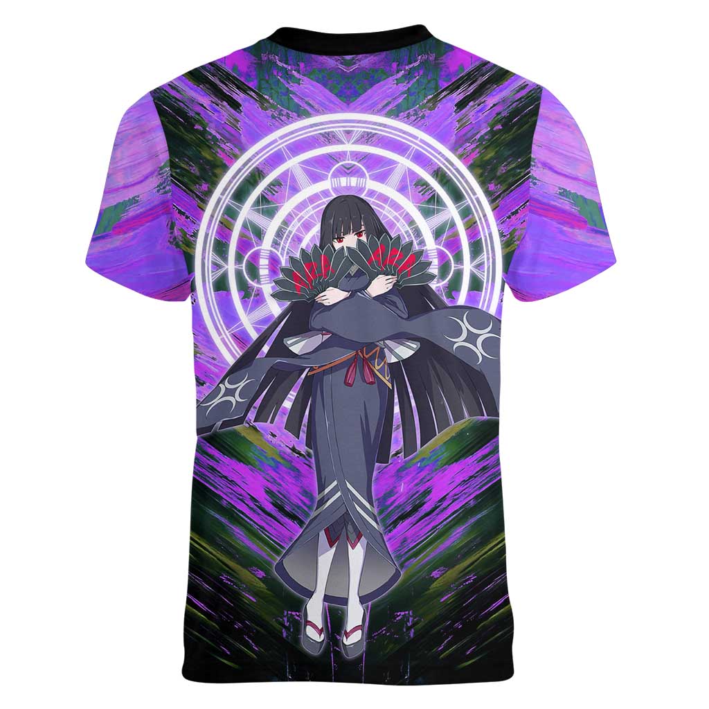 Glass The Rising of the Shield Hero Women V-Neck T-Shirt with Elegant Battle Kimono and Spirit Energy Circle Design - The Mazicc