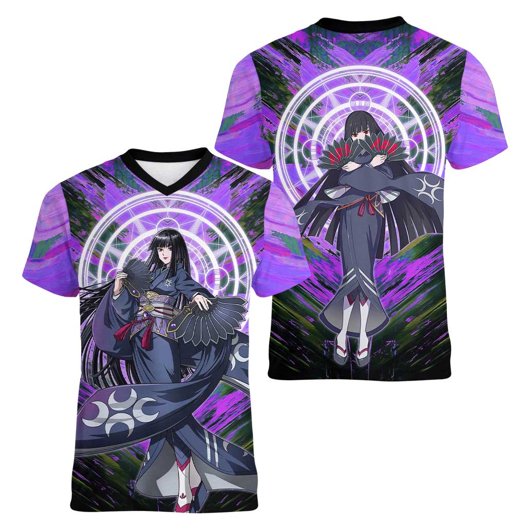Glass The Rising of the Shield Hero Women V-Neck T-Shirt with Elegant Battle Kimono and Spirit Energy Circle Design - The Mazicc