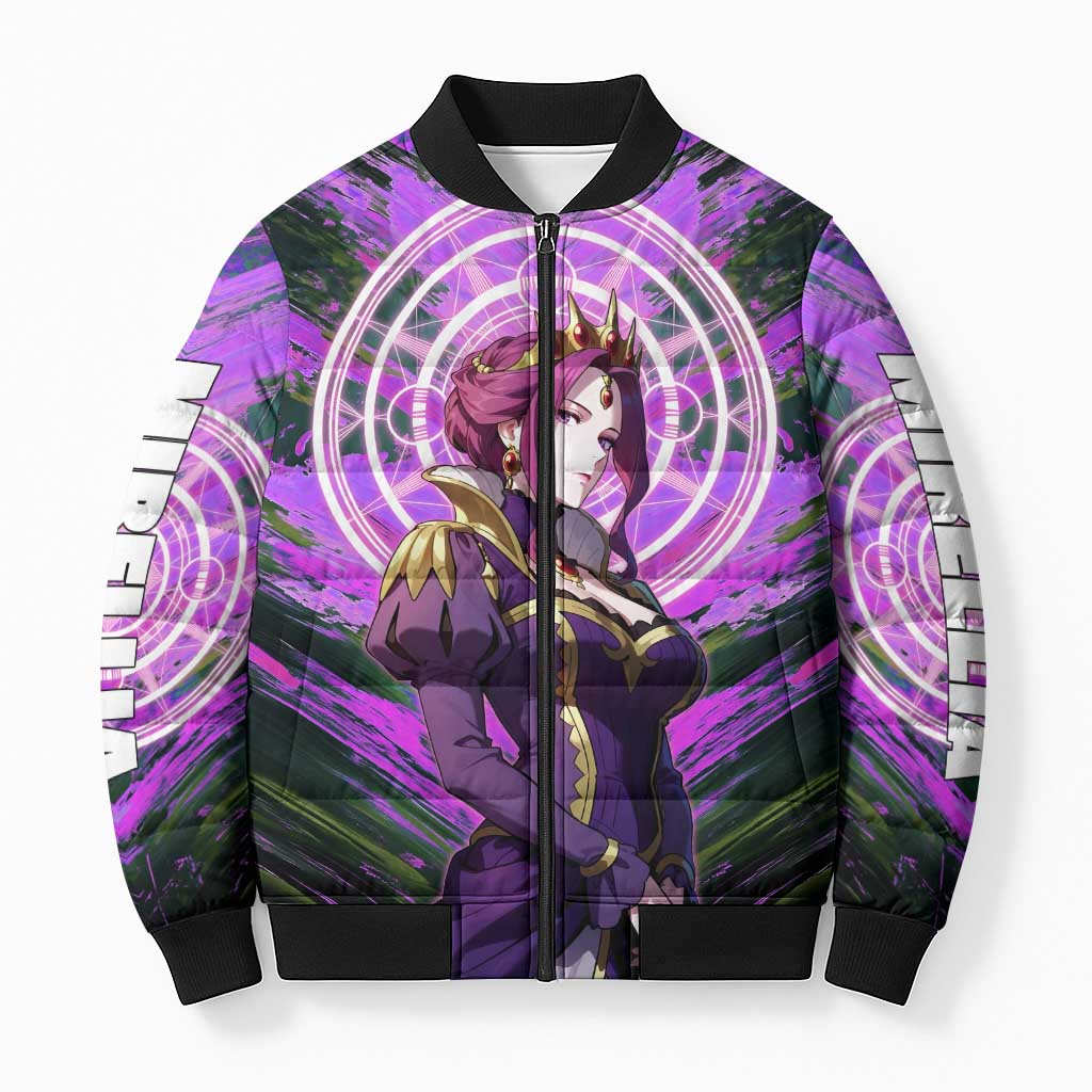 Mirellia Q Melromarc The Rising of the Shield Hero Bomber Puffer Jacket with Queen Armor and Magical Emblem Background - The Mazicc