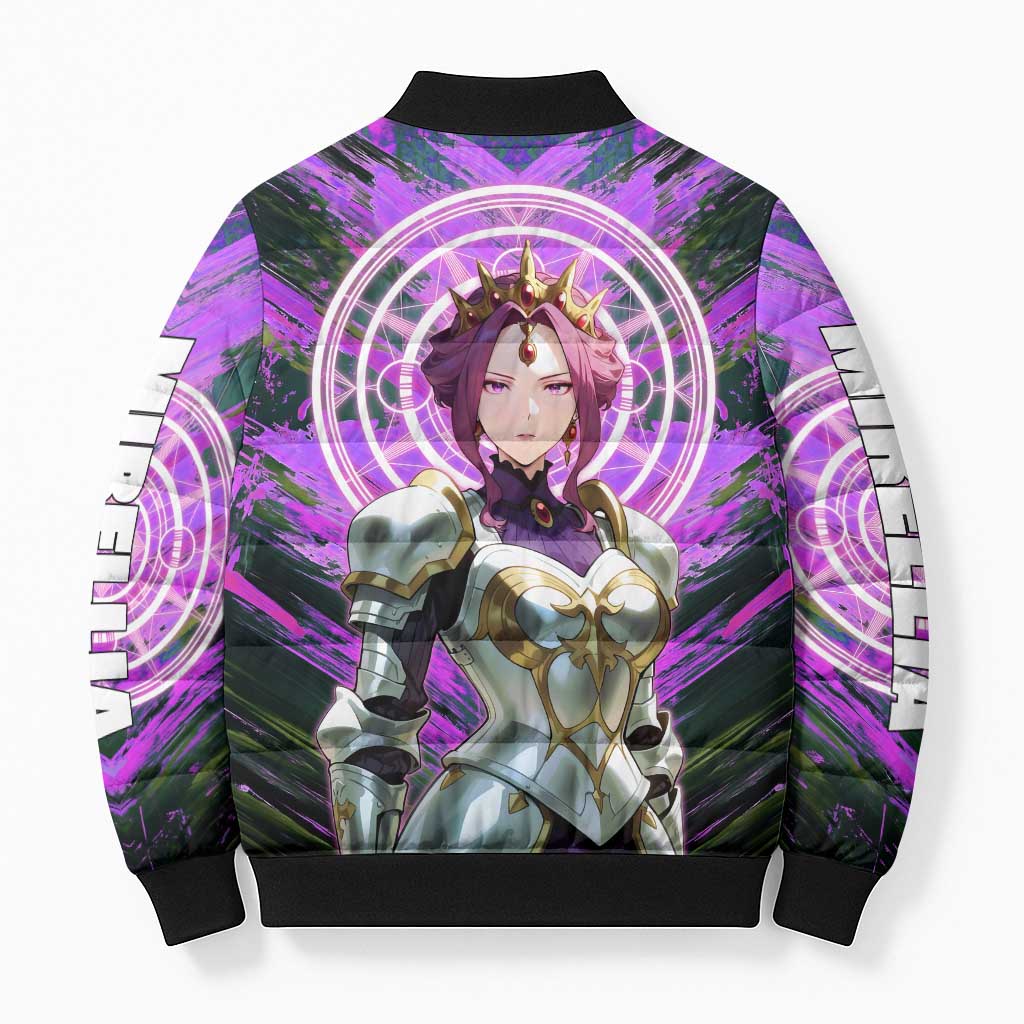 Mirellia Q Melromarc The Rising of the Shield Hero Bomber Puffer Jacket with Queen Armor and Magical Emblem Background - The Mazicc