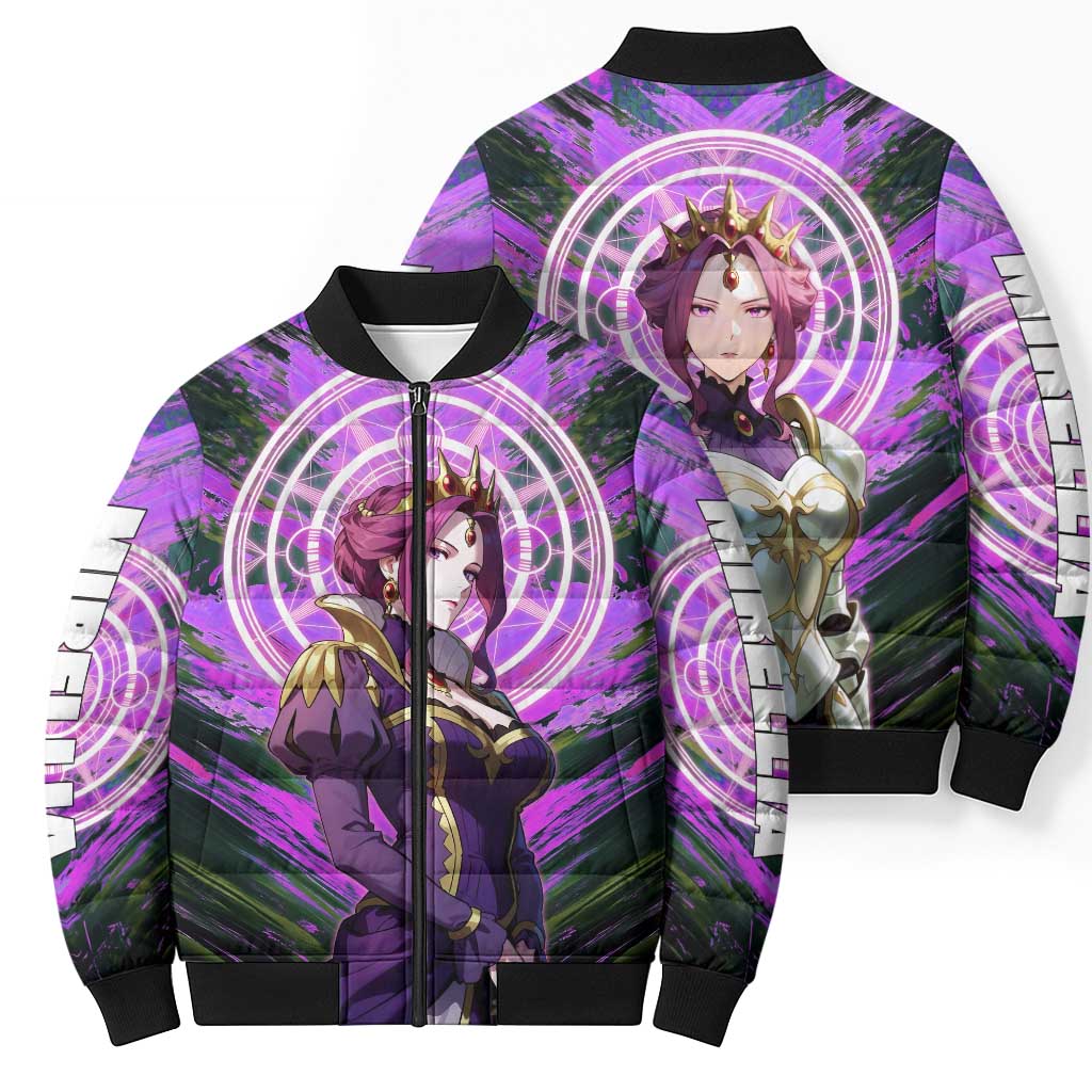 Mirellia Q Melromarc The Rising of the Shield Hero Bomber Puffer Jacket with Queen Armor and Magical Emblem Background - The Mazicc