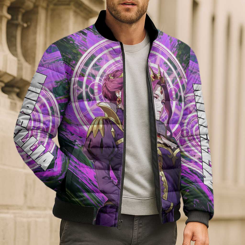 Mirellia Q Melromarc The Rising of the Shield Hero Bomber Puffer Jacket with Queen Armor and Magical Emblem Background - The Mazicc