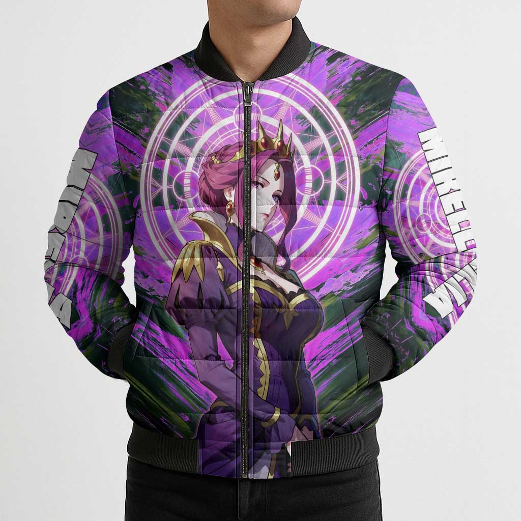 Mirellia Q Melromarc The Rising of the Shield Hero Bomber Puffer Jacket with Queen Armor and Magical Emblem Background - The Mazicc