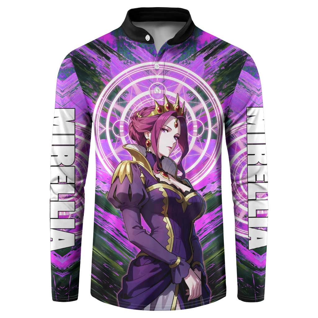 Mirellia Q Melromarc The Rising of the Shield Hero Button Sweatshirt with Queen Armor and Magical Emblem Background - The Mazicc