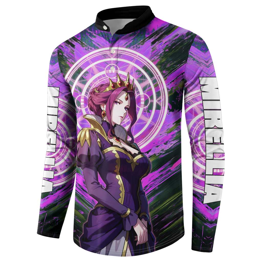 Mirellia Q Melromarc The Rising of the Shield Hero Button Sweatshirt with Queen Armor and Magical Emblem Background - The Mazicc