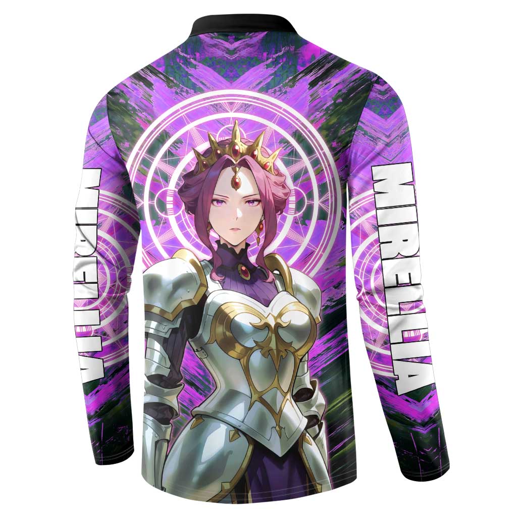 Mirellia Q Melromarc The Rising of the Shield Hero Button Sweatshirt with Queen Armor and Magical Emblem Background - The Mazicc