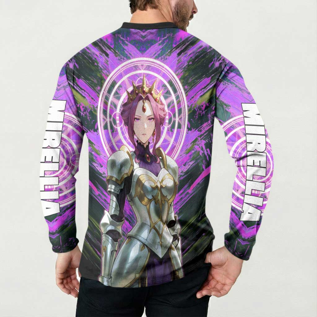 Mirellia Q Melromarc The Rising of the Shield Hero Button Sweatshirt with Queen Armor and Magical Emblem Background - The Mazicc