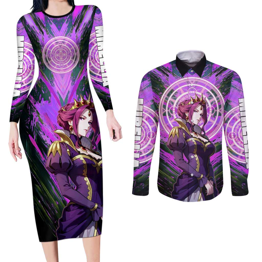 Mirellia Q Melromarc The Rising of the Shield Hero Couples Matching Long Sleeve Bodycon Dress and Long Sleeve Button Shirt with Queen Armor and Magical Emblem Background - The Mazicc