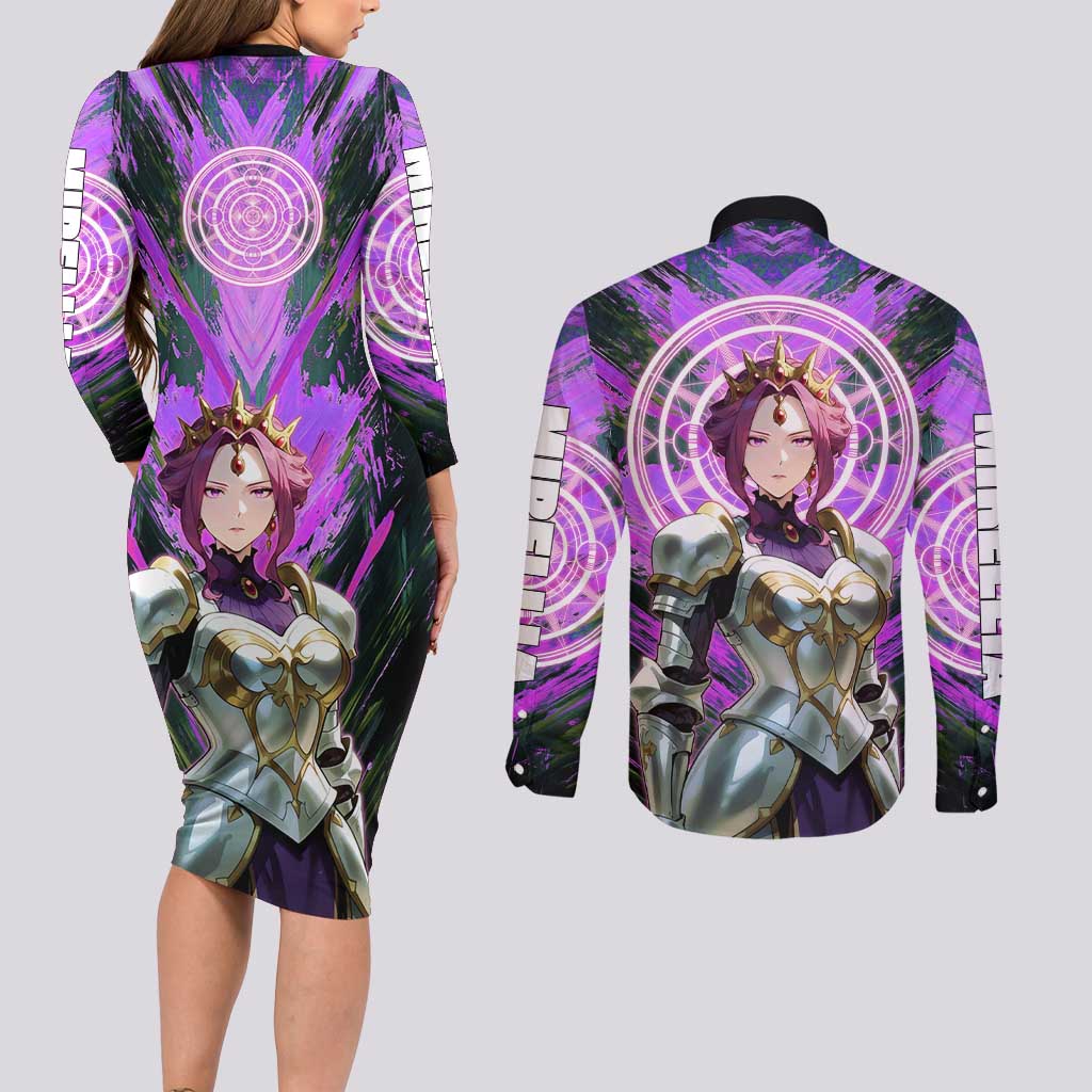 Mirellia Q Melromarc The Rising of the Shield Hero Couples Matching Long Sleeve Bodycon Dress and Long Sleeve Button Shirt with Queen Armor and Magical Emblem Background - The Mazicc