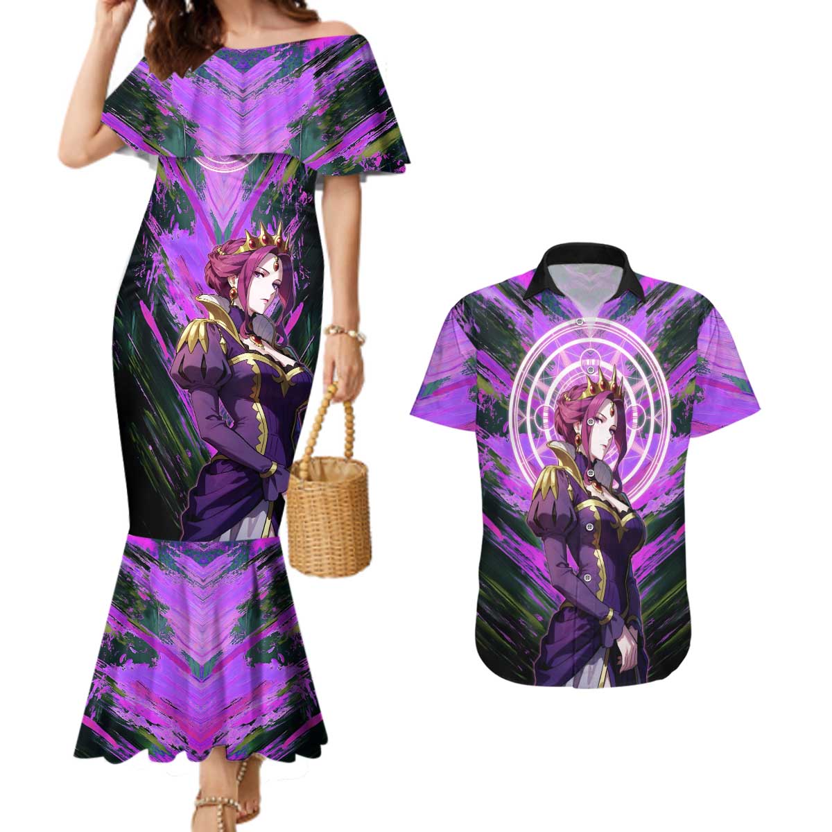 Mirellia Q Melromarc The Rising of the Shield Hero Couples Matching Mermaid Dress and Hawaiian Shirt with Queen Armor and Magical Emblem Background - The Mazicc