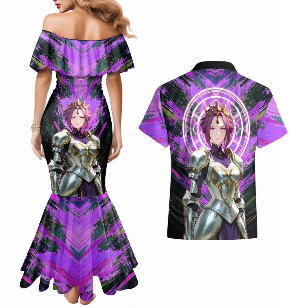 Mirellia Q Melromarc The Rising of the Shield Hero Couples Matching Mermaid Dress and Hawaiian Shirt with Queen Armor and Magical Emblem Background - The Mazicc