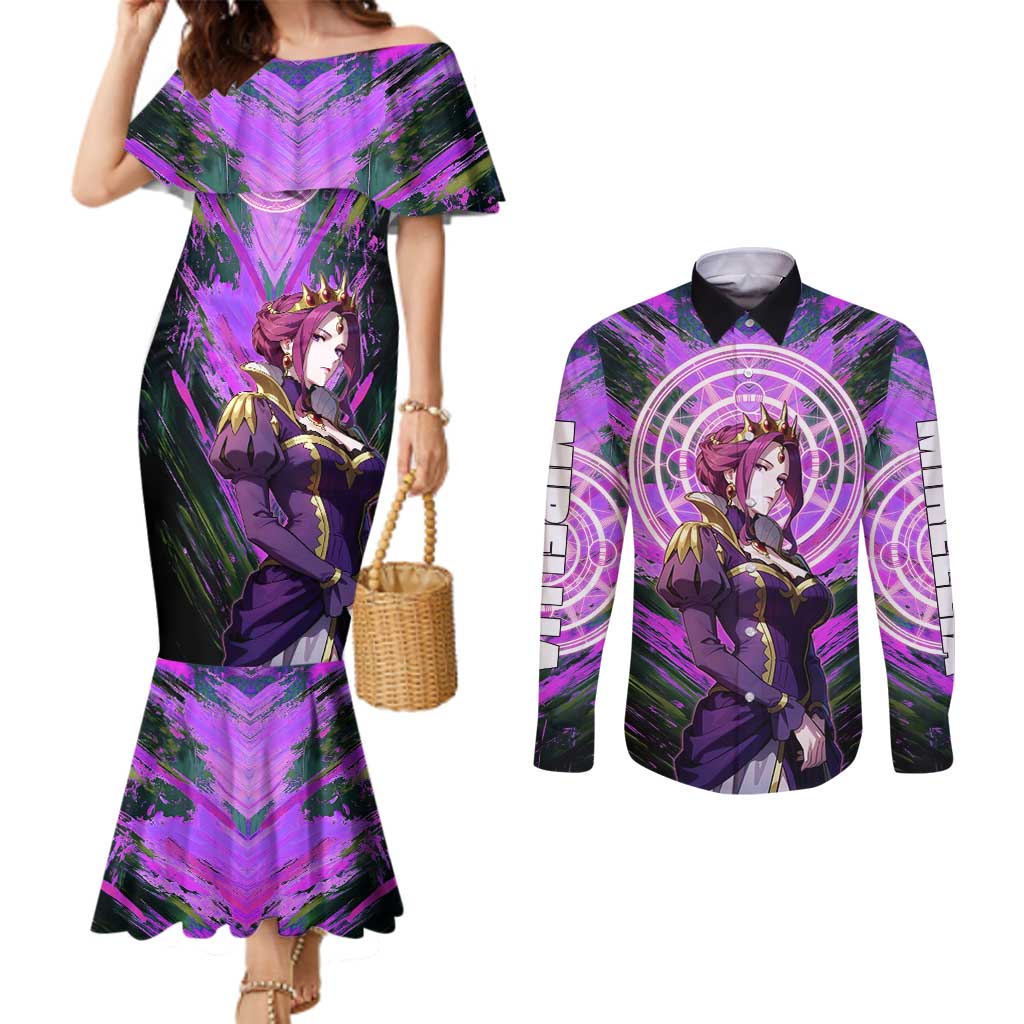 Mirellia Q Melromarc The Rising of the Shield Hero Couples Matching Mermaid Dress and Long Sleeve Button Shirt with Queen Armor and Magical Emblem Background - The Mazicc