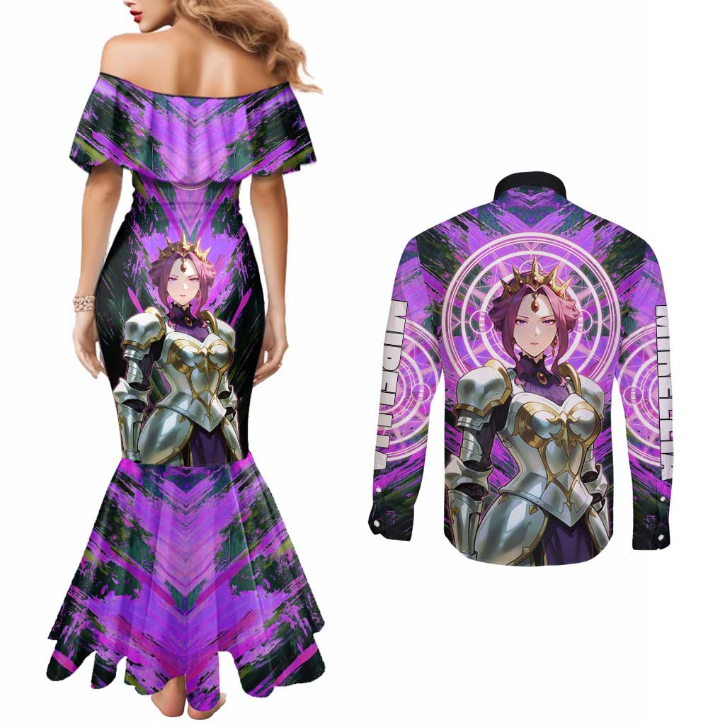 Mirellia Q Melromarc The Rising of the Shield Hero Couples Matching Mermaid Dress and Long Sleeve Button Shirt with Queen Armor and Magical Emblem Background - The Mazicc