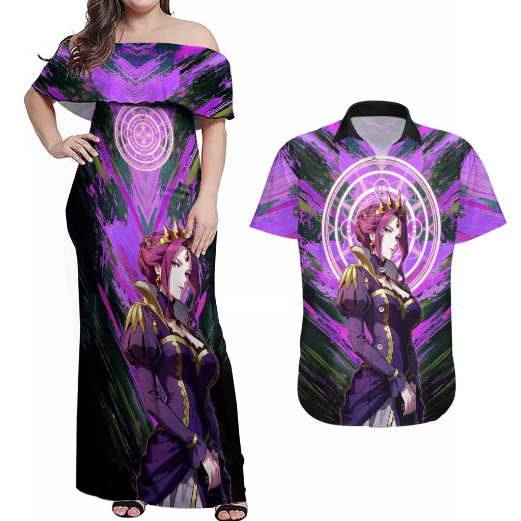 Mirellia Q Melromarc The Rising of the Shield Hero Couples Matching Off Shoulder Maxi Dress and Hawaiian Shirt with Queen Armor and Magical Emblem Background - The Mazicc