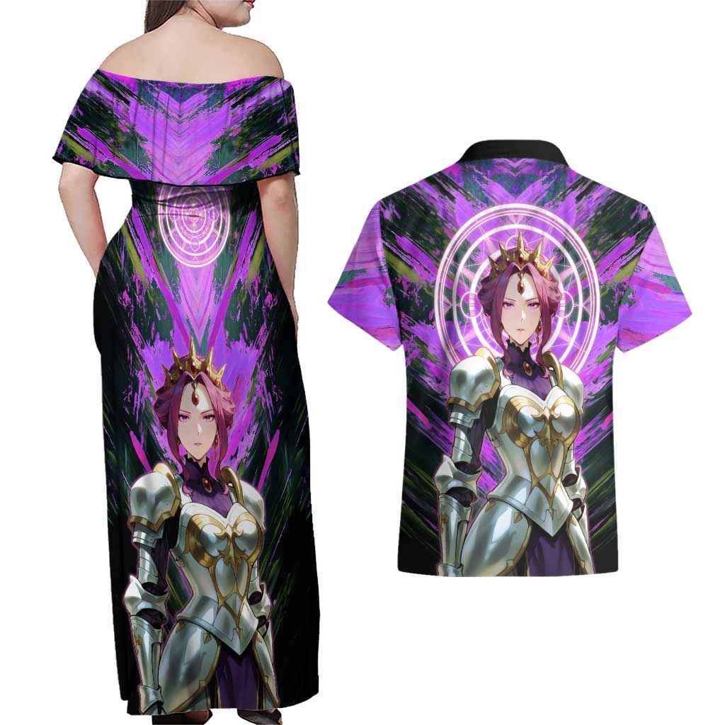 Mirellia Q Melromarc The Rising of the Shield Hero Couples Matching Off Shoulder Maxi Dress and Hawaiian Shirt with Queen Armor and Magical Emblem Background - The Mazicc