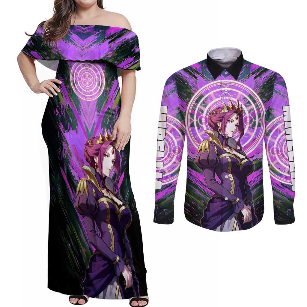 Mirellia Q Melromarc The Rising of the Shield Hero Couples Matching Off Shoulder Maxi Dress and Long Sleeve Button Shirt with Queen Armor and Magical Emblem Background - The Mazicc