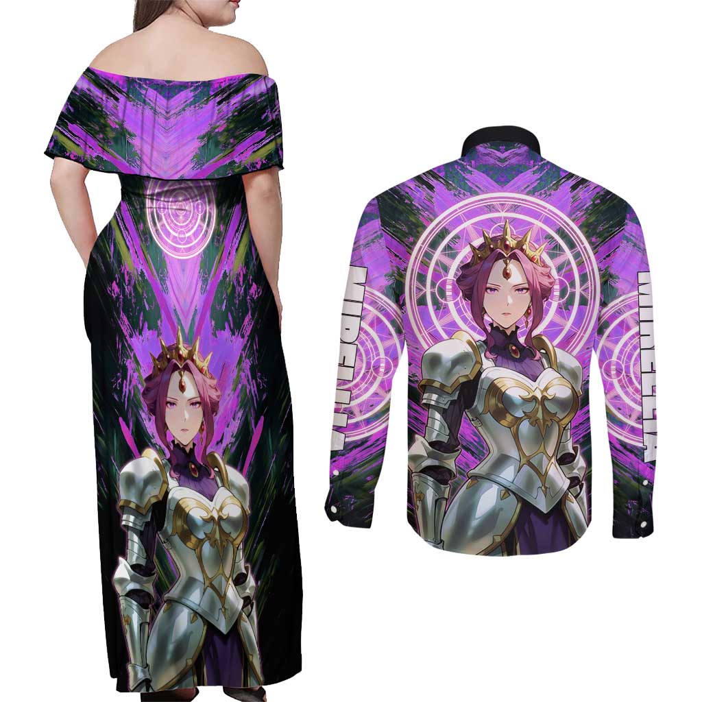 Mirellia Q Melromarc The Rising of the Shield Hero Couples Matching Off Shoulder Maxi Dress and Long Sleeve Button Shirt with Queen Armor and Magical Emblem Background - The Mazicc