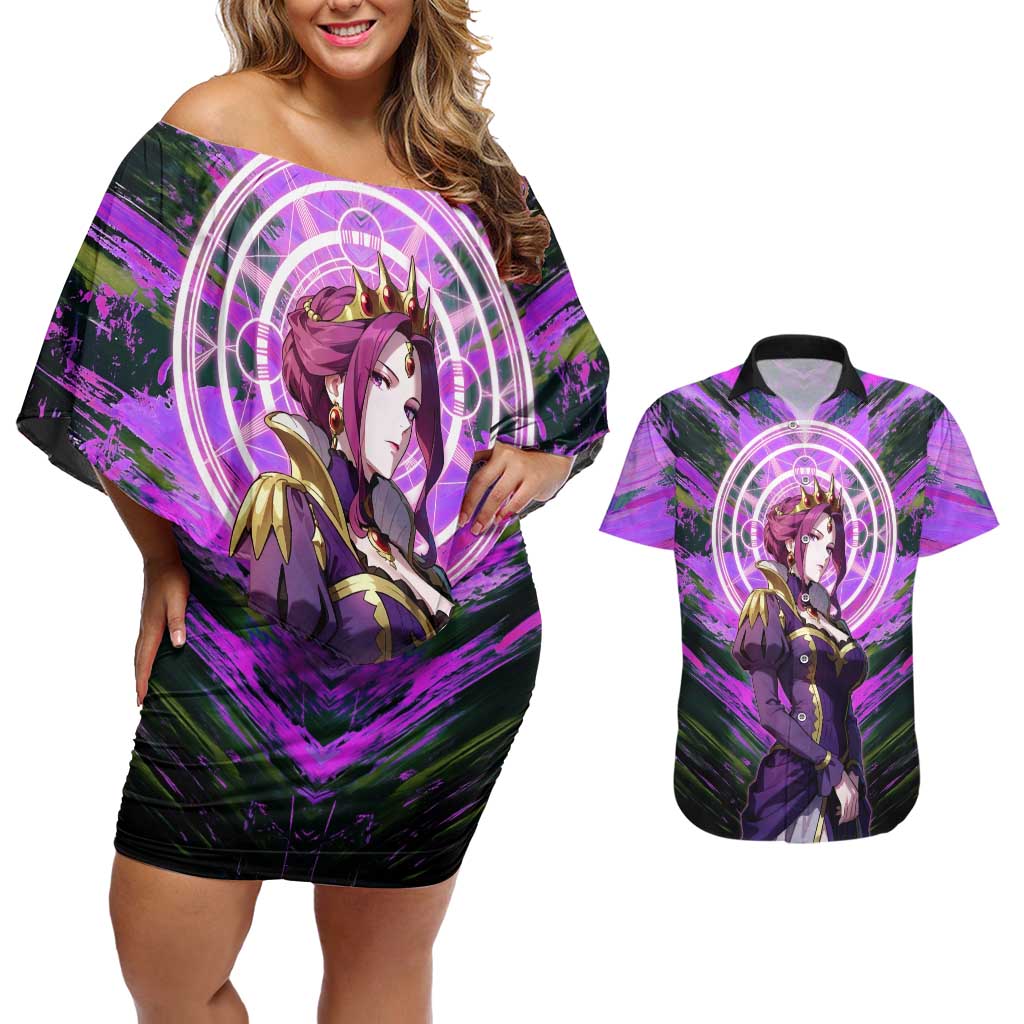 Mirellia Q Melromarc The Rising of the Shield Hero Couples Matching Off Shoulder Short Dress and Hawaiian Shirt with Queen Armor and Magical Emblem Background - The Mazicc