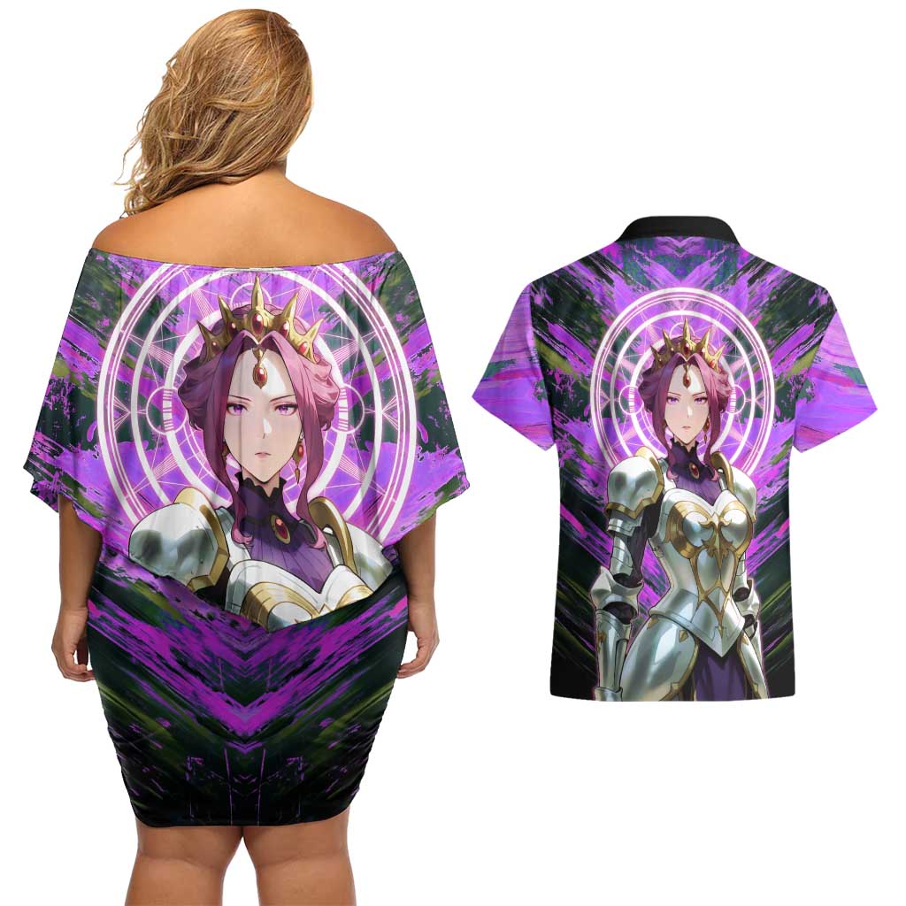 Mirellia Q Melromarc The Rising of the Shield Hero Couples Matching Off Shoulder Short Dress and Hawaiian Shirt with Queen Armor and Magical Emblem Background - The Mazicc