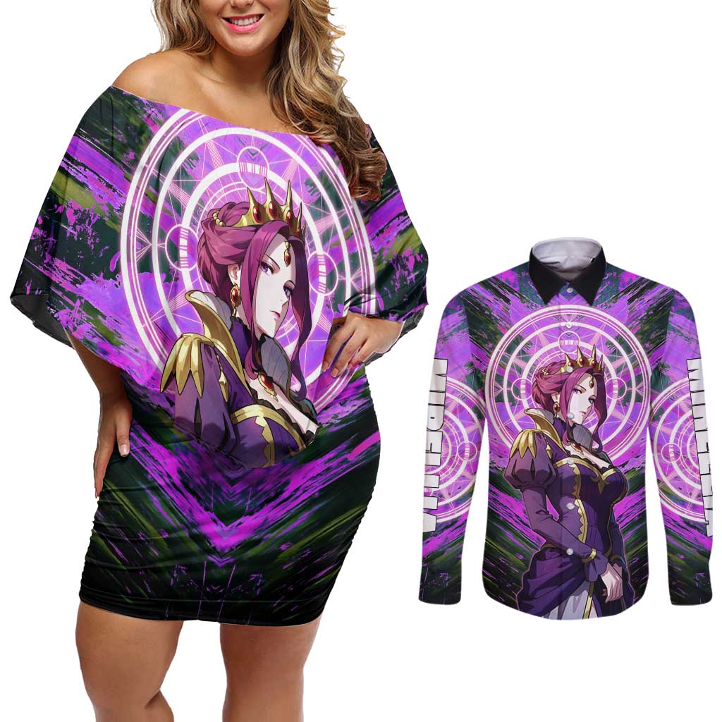 Mirellia Q Melromarc The Rising of the Shield Hero Couples Matching Off Shoulder Short Dress and Long Sleeve Button Shirt with Queen Armor and Magical Emblem Background - The Mazicc