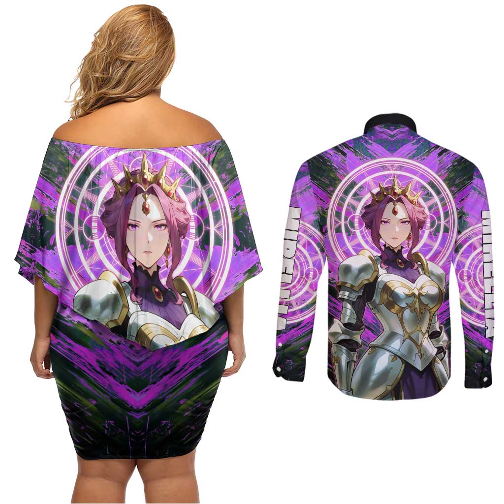Mirellia Q Melromarc The Rising of the Shield Hero Couples Matching Off Shoulder Short Dress and Long Sleeve Button Shirt with Queen Armor and Magical Emblem Background - The Mazicc