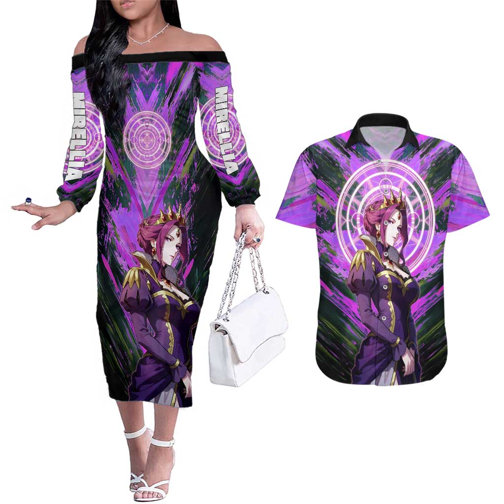 Mirellia Q Melromarc The Rising of the Shield Hero Couples Matching Off The Shoulder Long Sleeve Dress and Hawaiian Shirt with Queen Armor and Magical Emblem Background - The Mazicc