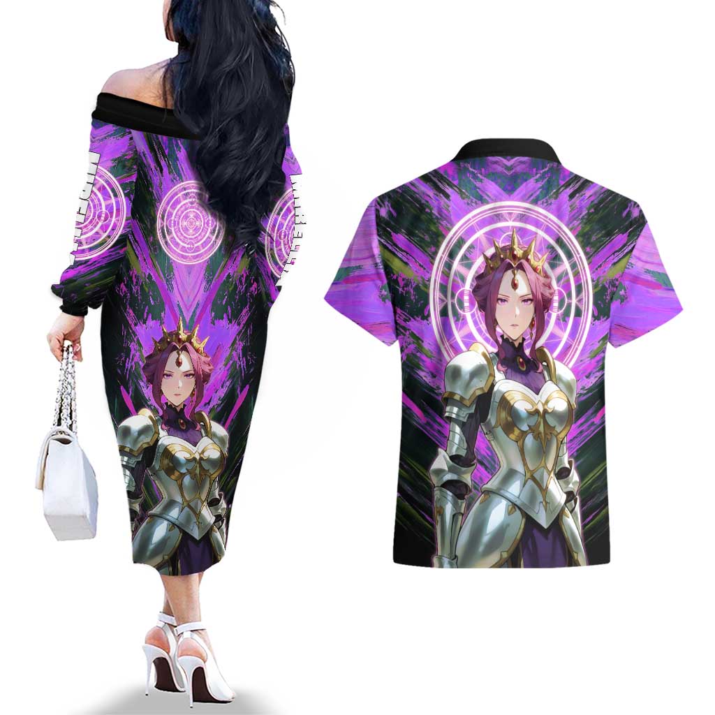Mirellia Q Melromarc The Rising of the Shield Hero Couples Matching Off The Shoulder Long Sleeve Dress and Hawaiian Shirt with Queen Armor and Magical Emblem Background - The Mazicc