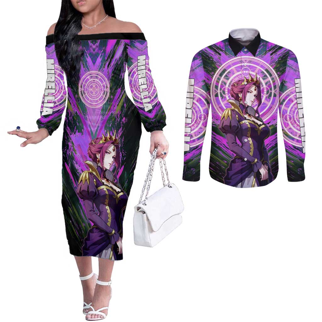 Mirellia Q Melromarc The Rising of the Shield Hero Couples Matching Off The Shoulder Long Sleeve Dress and Long Sleeve Button Shirt with Queen Armor and Magical Emblem Background - The Mazicc