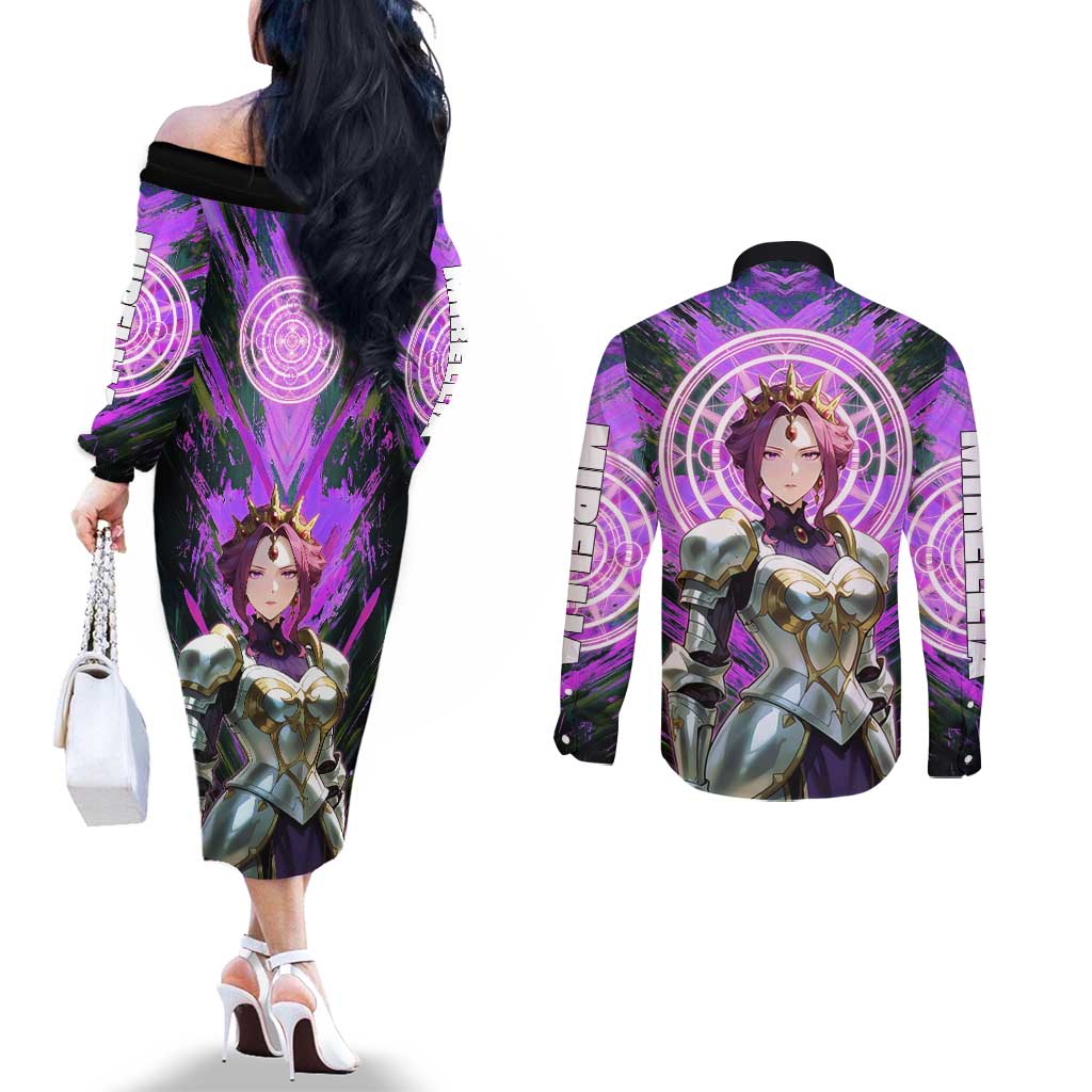 Mirellia Q Melromarc The Rising of the Shield Hero Couples Matching Off The Shoulder Long Sleeve Dress and Long Sleeve Button Shirt with Queen Armor and Magical Emblem Background - The Mazicc