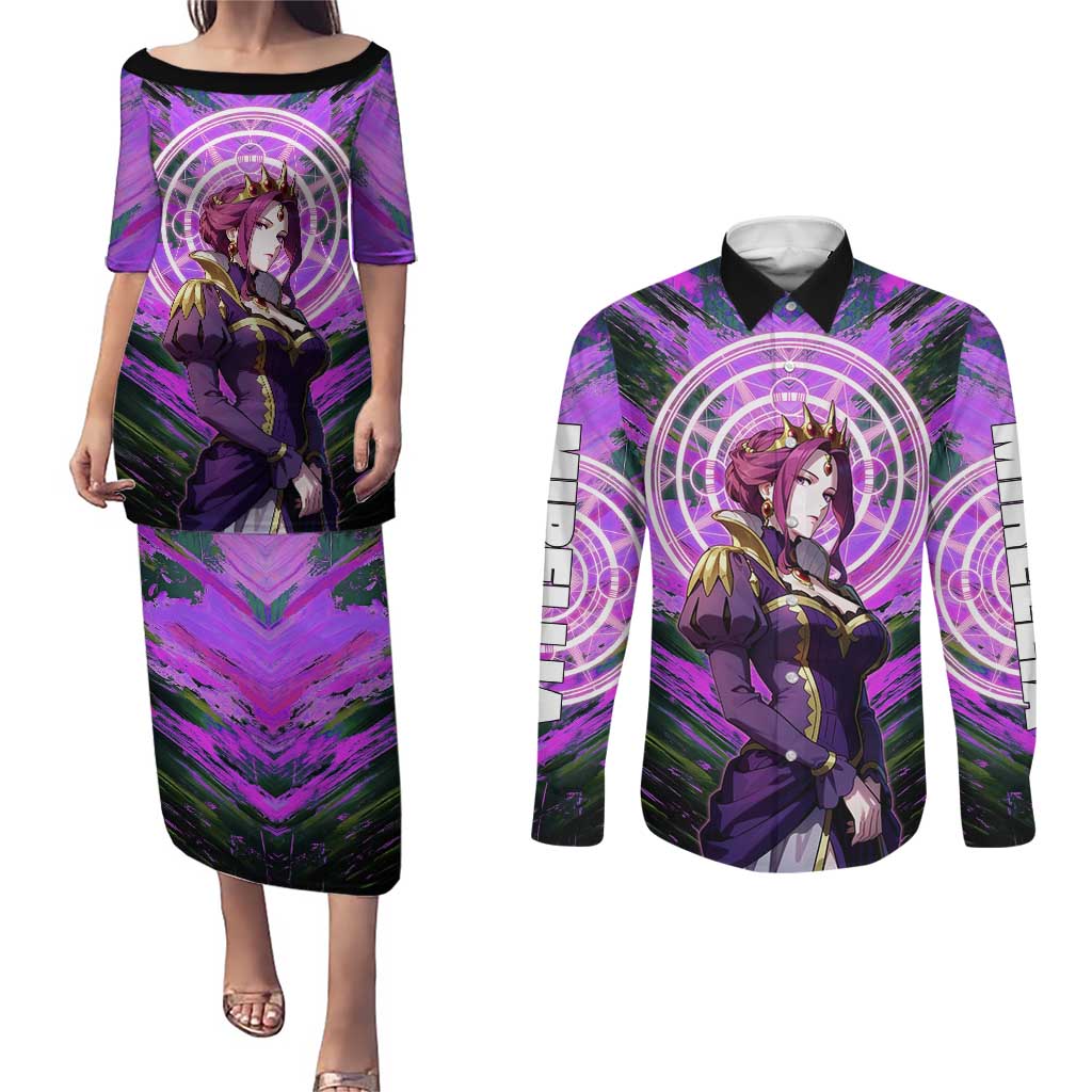 Mirellia Q Melromarc The Rising of the Shield Hero Couples Matching Puletasi and Long Sleeve Button Shirt with Queen Armor and Magical Emblem Background - The Mazicc