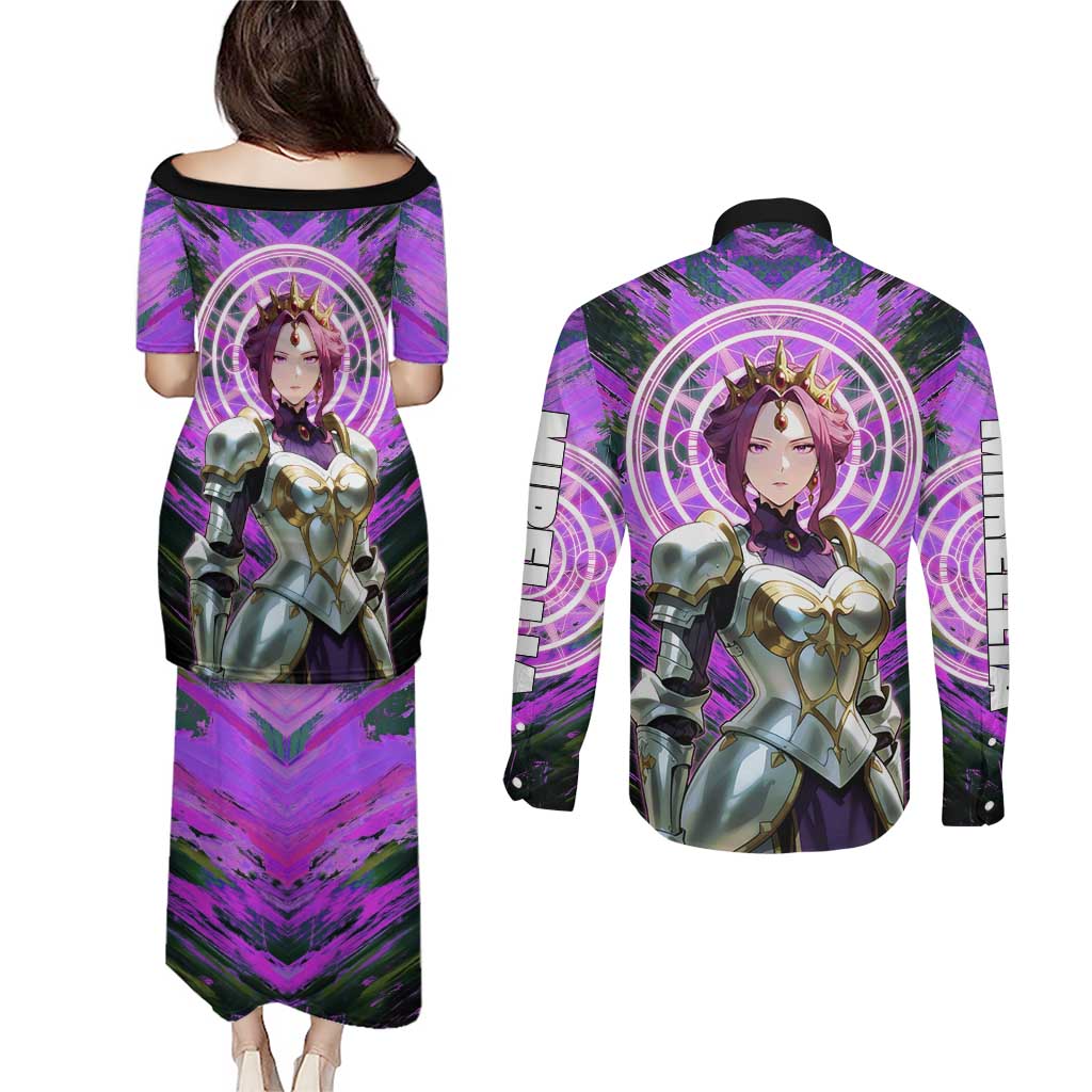Mirellia Q Melromarc The Rising of the Shield Hero Couples Matching Puletasi and Long Sleeve Button Shirt with Queen Armor and Magical Emblem Background - The Mazicc