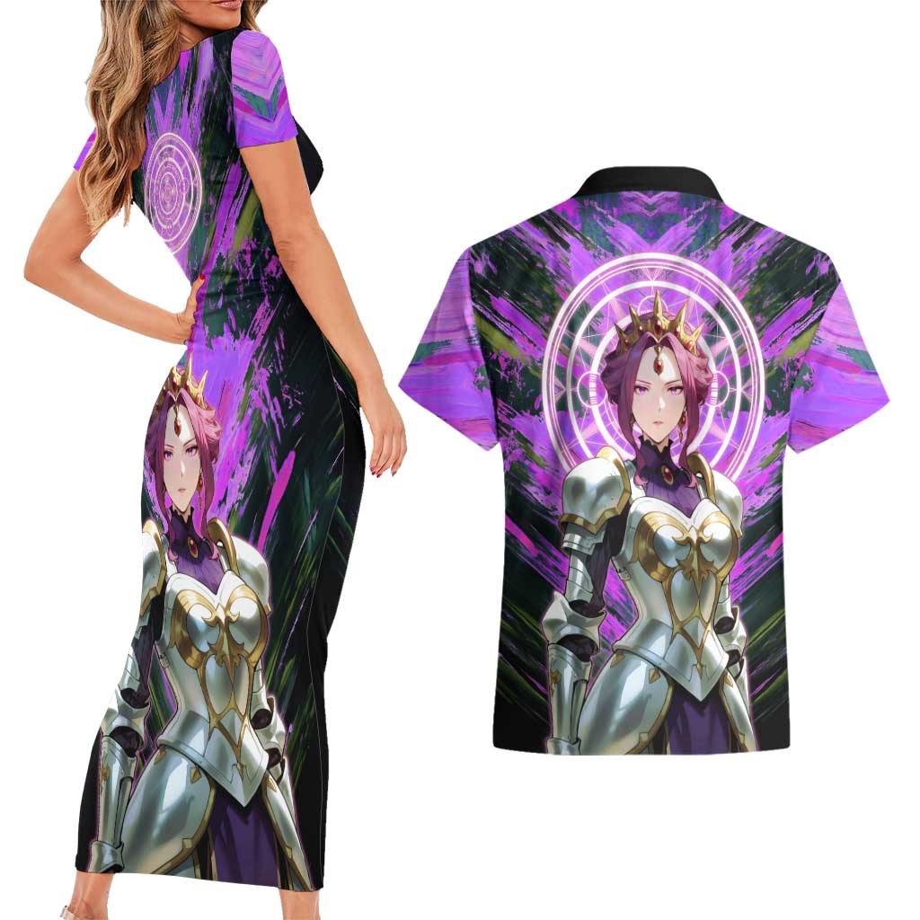 Mirellia Q Melromarc The Rising of the Shield Hero Couples Matching Short Sleeve Bodycon Dress and Hawaiian Shirt with Queen Armor and Magical Emblem Background - The Mazicc
