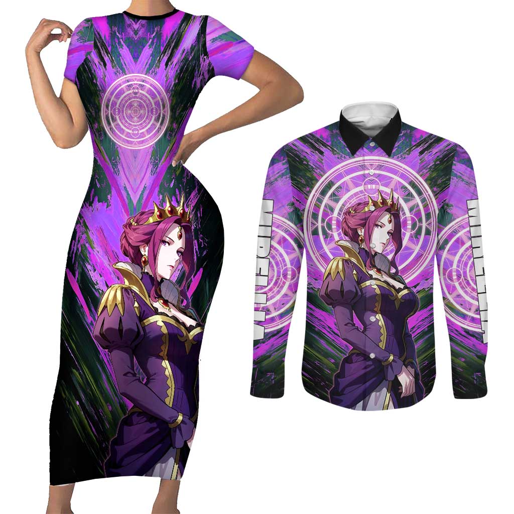Mirellia Q Melromarc The Rising of the Shield Hero Couples Matching Short Sleeve Bodycon Dress and Long Sleeve Button Shirt with Queen Armor and Magical Emblem Background - The Mazicc
