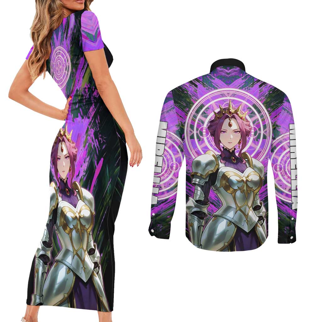 Mirellia Q Melromarc The Rising of the Shield Hero Couples Matching Short Sleeve Bodycon Dress and Long Sleeve Button Shirt with Queen Armor and Magical Emblem Background - The Mazicc